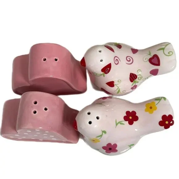 Lot of 2 Cracker Barrel Ceramic Salt Pepper Shakers Hearts Pink Floral Birds